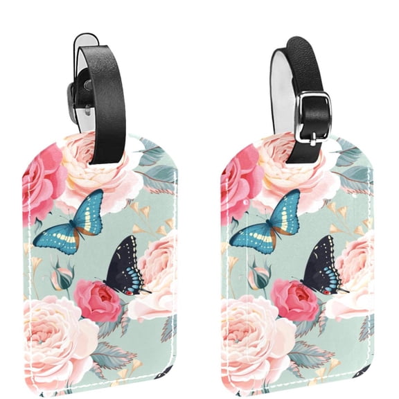 Square 2Pack PU Leather Butterfly Cruise Luggage Tag with Privacy Cover and Name ID Tag for Travel Handbags Backpacks Luggage Tags