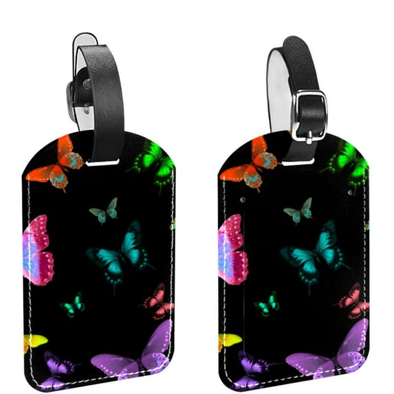 Square 2Pack PU Leather Butterfly Cruise Luggage Tag with Privacy Cover and Name ID Tag for Travel Handbags Backpacks Luggage Tags