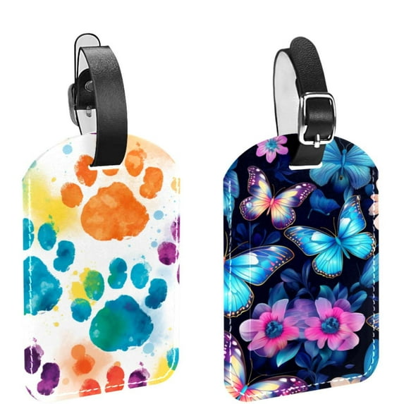 Square 2Pack PU Leather Butterfly Cruise Luggage Tag with Privacy Cover and Name ID Tag for Travel Handbags Backpacks Luggage Tags