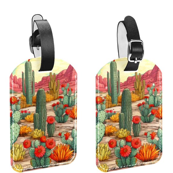 Square 2Pack PU Leather Cactus Cruise Luggage Tag with Privacy Cover and Name ID Tag for Travel Handbags Backpacks Luggage Tags