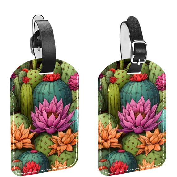 Square 2Pack PU Leather Cactus Cruise Luggage Tag with Privacy Cover and Name ID Tag for Travel Handbags Backpacks Luggage Tags