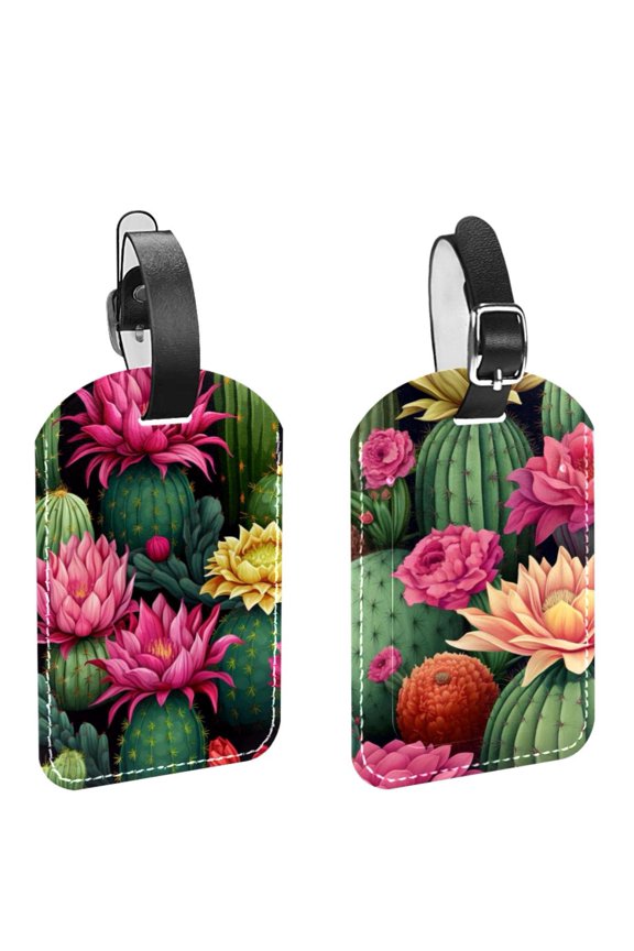 Square 2Pack PU Leather Cactus Cruise Luggage Tag with Privacy Cover and Name ID Tag for Travel Handbags Backpacks Luggage Tags