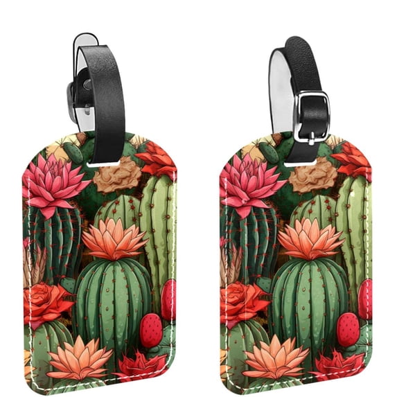 Square 2Pack PU Leather Cactus Cruise Luggage Tag with Privacy Cover and Name ID Tag for Travel Handbags Backpacks Luggage Tags
