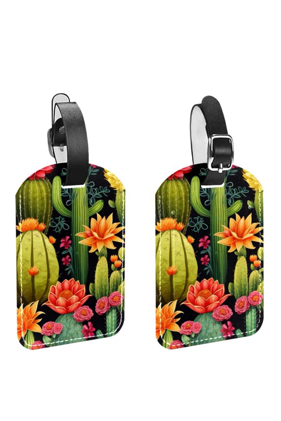 Square 2Pack PU Leather Cactus Cruise Luggage Tag with Privacy Cover and Name ID Tag for Travel Handbags Backpacks Luggage Tags