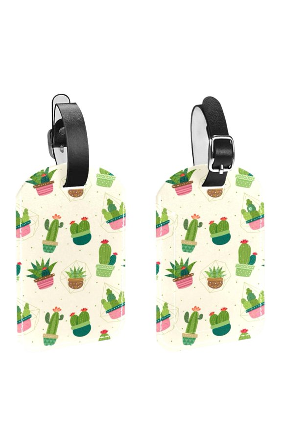 Square 2Pack PU Leather Cactus Cruise Luggage Tag with Privacy Cover and Name ID Tag for Travel Handbags Backpacks Luggage Tags