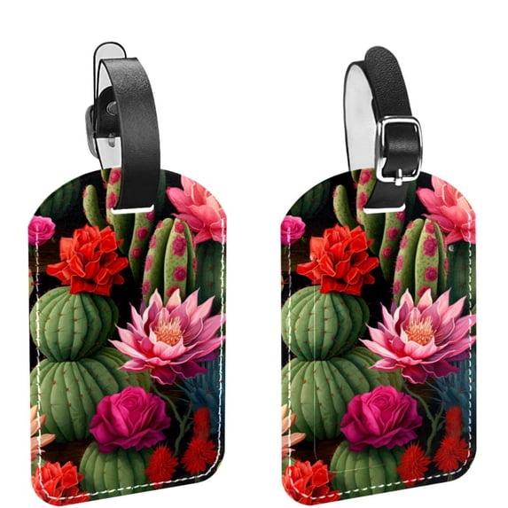 Square 2Pack PU Leather Cactus Cruise Luggage Tag with Privacy Cover and Name ID Tag for Travel Handbags Backpacks Luggage Tags