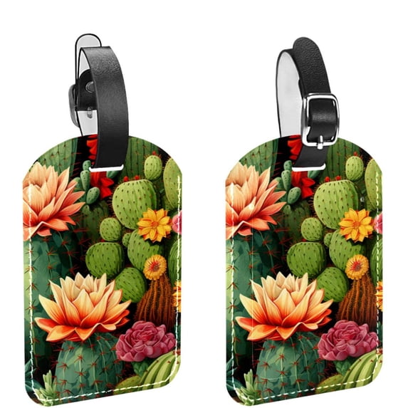 Square 2Pack PU Leather Cactus Cruise Luggage Tag with Privacy Cover and Name ID Tag for Travel Handbags Backpacks Luggage Tags