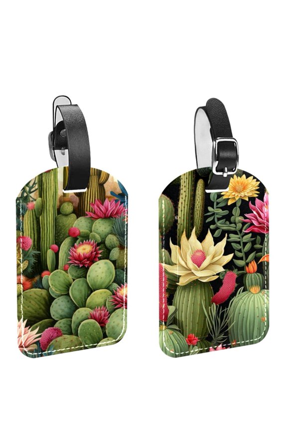 Square 2Pack PU Leather Cactus Cruise Luggage Tag with Privacy Cover and Name ID Tag for Travel Handbags Backpacks Luggage Tags
