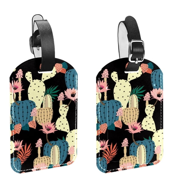 Square 2Pack PU Leather Cactus Cruise Luggage Tag with Privacy Cover and Name ID Tag for Travel Handbags Backpacks Luggage Tags