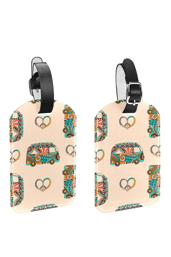 Square 2Pack PU Leather Camper Bus and Peace Cruise Luggage Tag with Privacy Cover and Name ID Tag for Travel Handbags Backpacks Luggage Tags