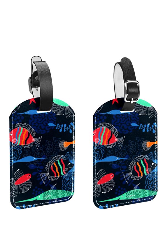 Square 2Pack PU Leather Cartoon Abstract Fish Cruise Luggage Tag with Privacy Cover and Name ID Tag for Travel Handbags Backpacks Luggage Tags