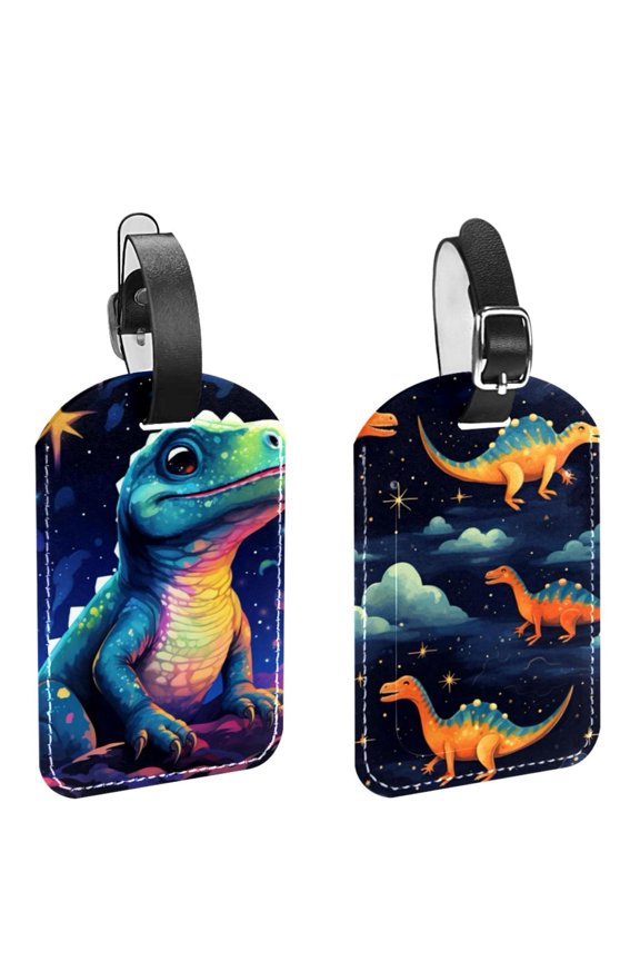 Square 2Pack PU Leather Cartoon Dinosaur Cruise Luggage Tag with Privacy Cover and Name ID Tag for Travel Handbags Backpacks Luggage Tags