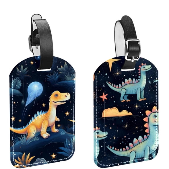 Square 2Pack PU Leather Cartoon Dinosaur Cruise Luggage Tag with Privacy Cover and Name ID Tag for Travel Handbags Backpacks Luggage Tags