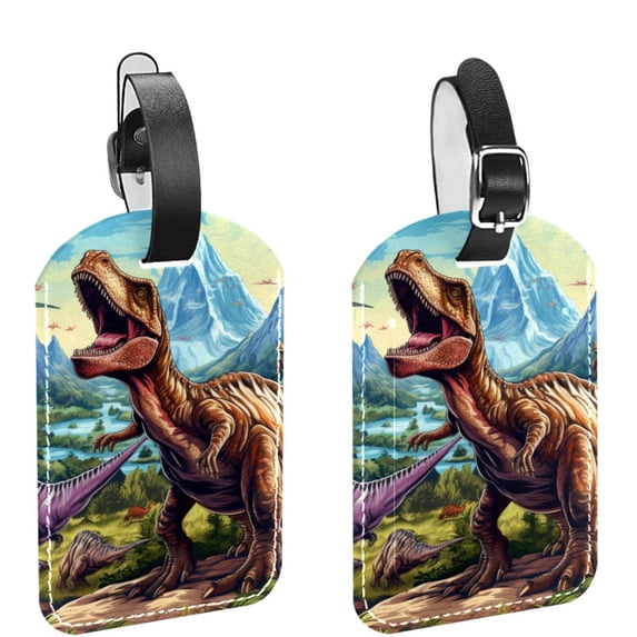 Square 2Pack PU Leather Cartoon Dinosaur Cruise Luggage Tag with Privacy Cover and Name ID Tag for Travel Handbags Backpacks Luggage Tags