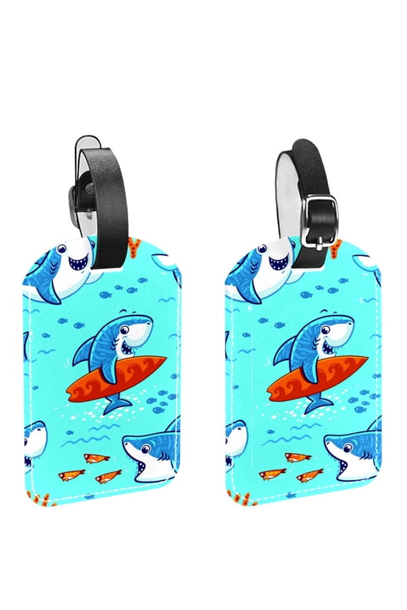 Square 2Pack PU Leather Cartoon Fish Cruise Luggage Tag with Privacy Cover and Name ID Tag for Travel Handbags Backpacks Luggage Tags