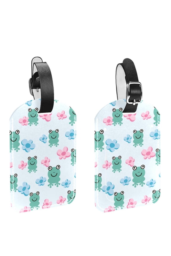 Square 2Pack PU Leather Cartoon Frog Cruise Luggage Tag with Privacy Cover and Name ID Tag for Travel Handbags Backpacks Luggage Tags