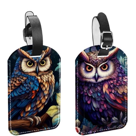 Square 2Pack PU Leather Cartoon Owl Cruise Luggage Tag with Privacy Cover and Name ID Tag for Travel Handbags Backpacks Luggage Tags