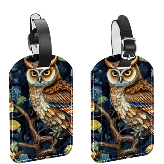 Square 2Pack PU Leather Cartoon Owl Cruise Luggage Tag with Privacy Cover and Name ID Tag for Travel Handbags Backpacks Luggage Tags