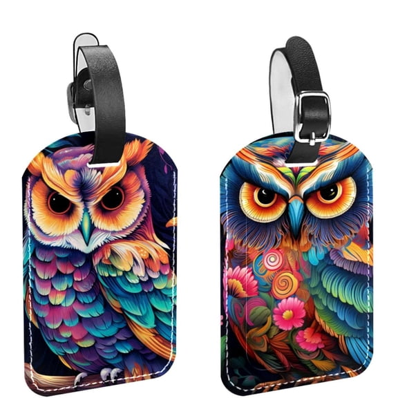 Square 2Pack PU Leather Cartoon Owl Cruise Luggage Tag with Privacy Cover and Name ID Tag for Travel Handbags Backpacks Luggage Tags