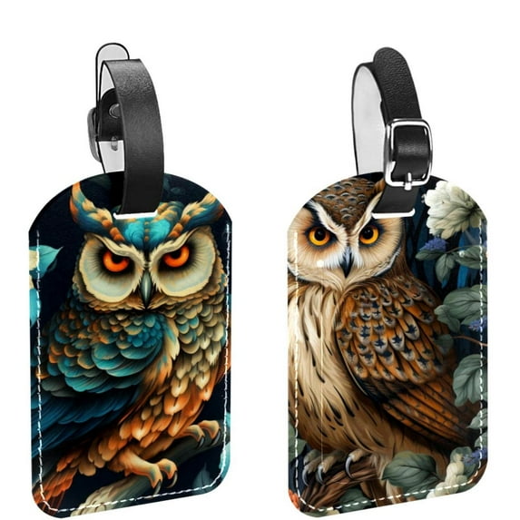 Square 2Pack PU Leather Cartoon Owl Cruise Luggage Tag with Privacy Cover and Name ID Tag for Travel Handbags Backpacks Luggage Tags