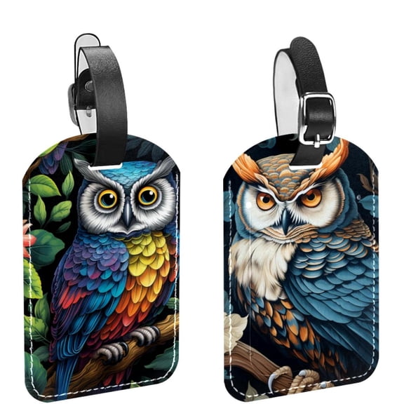 Square 2Pack PU Leather Cartoon Owl Cruise Luggage Tag with Privacy Cover and Name ID Tag for Travel Handbags Backpacks Luggage Tags
