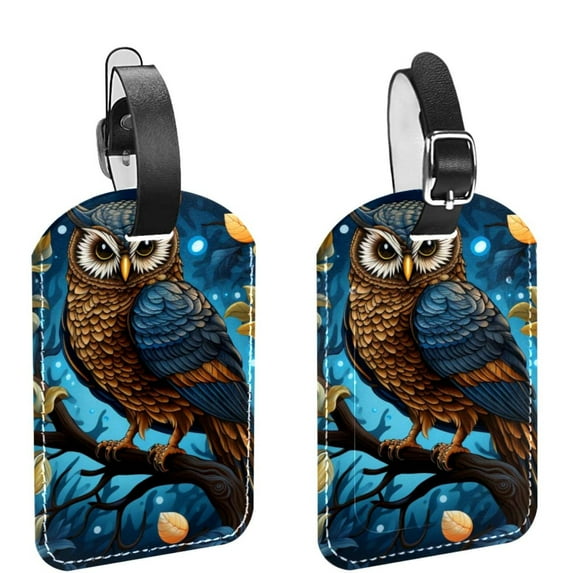 Square 2Pack PU Leather Cartoon Owl Cruise Luggage Tag with Privacy Cover and Name ID Tag for Travel Handbags Backpacks Luggage Tags