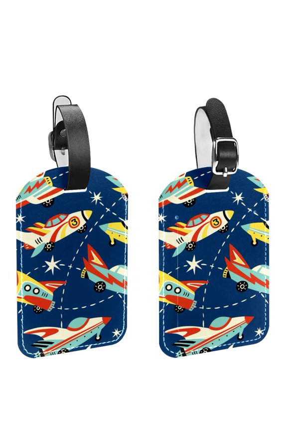 Square 2Pack PU Leather Cartoon Plane Cruise Luggage Tag with Privacy Cover and Name ID Tag for Travel Handbags Backpacks Luggage Tags