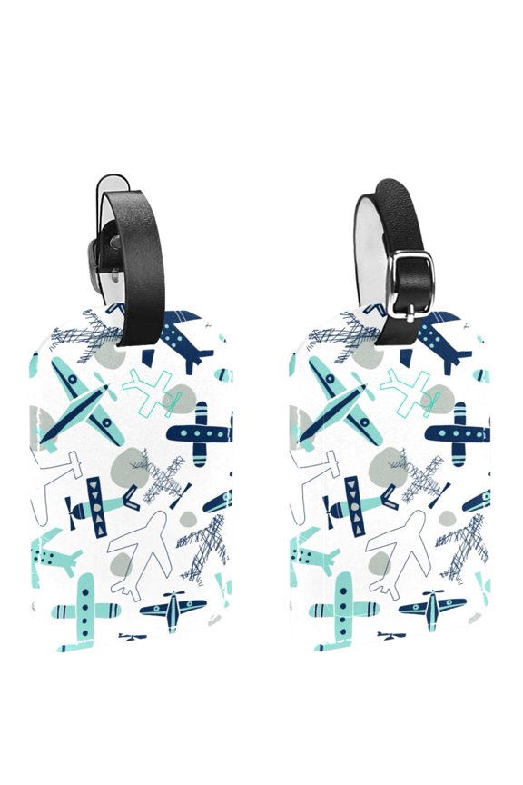 Square 2Pack PU Leather Cartoon Plane Pattern Cruise Luggage Tag with Privacy Cover and Name ID Tag for Travel Handbags Backpacks Luggage Tags