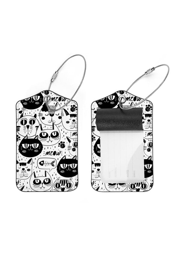 Square 2Pack PU Leather Cat Faces Pattern Cruise Luggage Tag with Privacy Cover and Stainless Steel Ring - Suitable for Travel Handbags Backpacks Luggage Tags