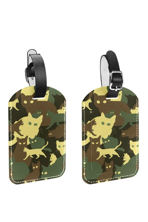 Square 2Pack PU Leather Cat Kitty Army Camouflage Cruise Luggage Tag with Privacy Cover and Name ID Tag for Travel Handbags Backpacks Luggage Tags