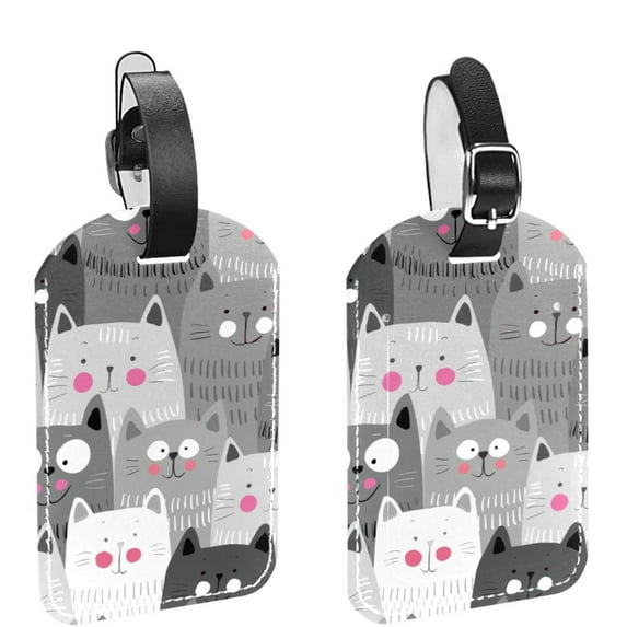 Square 2Pack PU Leather Cats Grey Kitty Cruise Luggage Tag with Privacy Cover and Name ID Tag for Travel Handbags Backpacks Luggage Tags