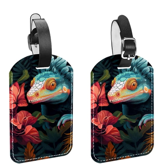 Square 2Pack PU Leather Chameleon Cruise Luggage Tag with Privacy Cover and Name ID Tag for Travel Handbags Backpacks Luggage Tags
