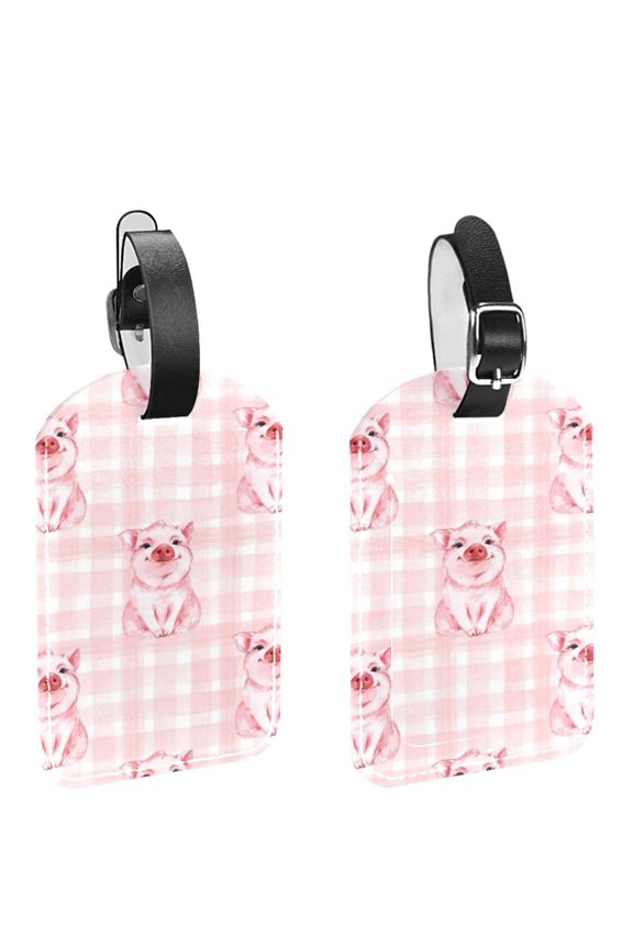 Square 2Pack PU Leather Checkered pig Cruise Luggage Tag with Privacy Cover and Name ID Tag for Travel Handbags Backpacks Luggage Tags