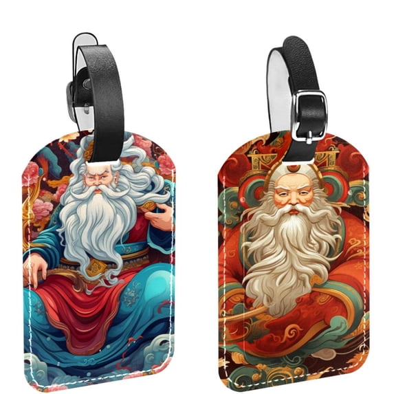 Square 2Pack PU Leather Chinese God of Wealth Cruise Luggage Tag with Privacy Cover and Name ID Tag for Travel Handbags Backpacks Luggage Tags