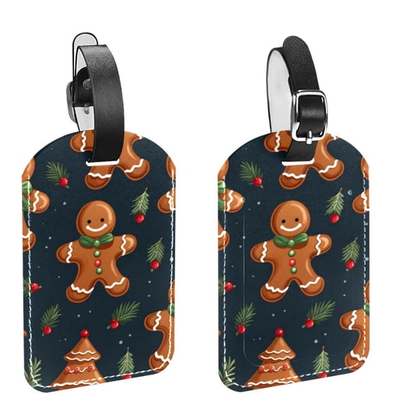 Square 2Pack PU Leather Christmas Gingerbread Man Cruise Luggage Tag with Privacy Cover and Name ID Tag for Travel Handbags Backpacks Luggage Tags