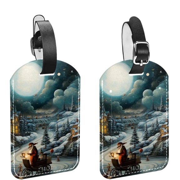Square 2Pack PU Leather Christmas Night Cruise Luggage Tag with Privacy Cover and Name ID Tag for Travel Handbags Backpacks Luggage Tags