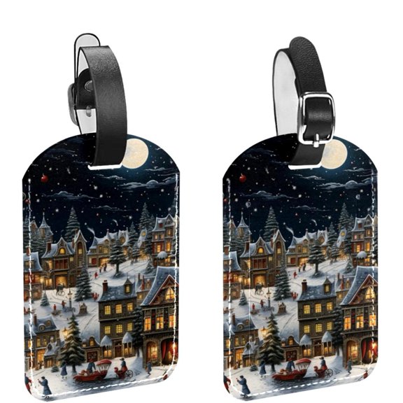 Square 2Pack PU Leather Christmas Night Cruise Luggage Tag with Privacy Cover and Name ID Tag for Travel Handbags Backpacks Luggage Tags