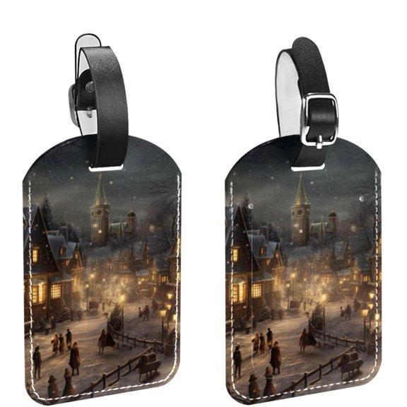 Square 2Pack PU Leather Christmas Night Cruise Luggage Tag with Privacy Cover and Name ID Tag for Travel Handbags Backpacks Luggage Tags