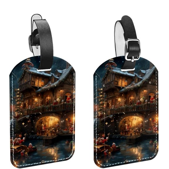 Square 2Pack PU Leather Christmas Night Cruise Luggage Tag with Privacy Cover and Name ID Tag for Travel Handbags Backpacks Luggage Tags