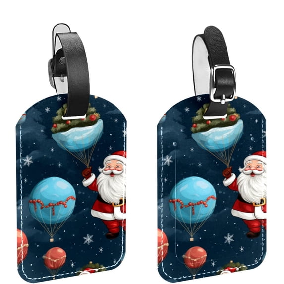 Square 2Pack PU Leather Christmas Santa Claus Cruise Luggage Tag with Privacy Cover and Name ID Tag for Travel Handbags Backpacks Luggage Tags