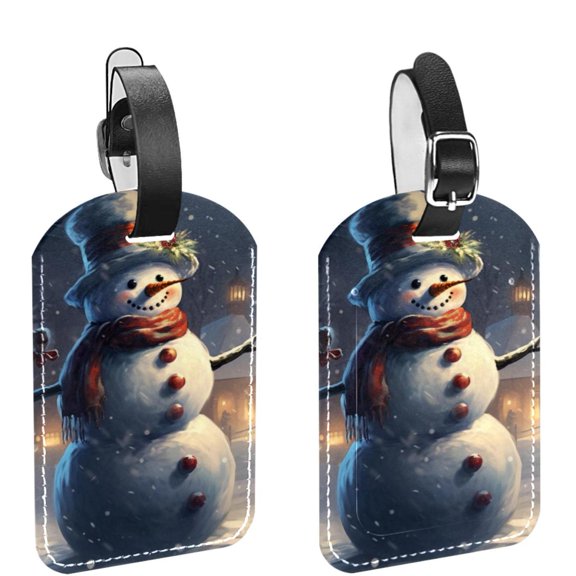 Square 2Pack PU Leather Christmas Snowman Cruise Luggage Tag with Privacy Cover and Name ID Tag for Travel Handbags Backpacks Luggage Tags