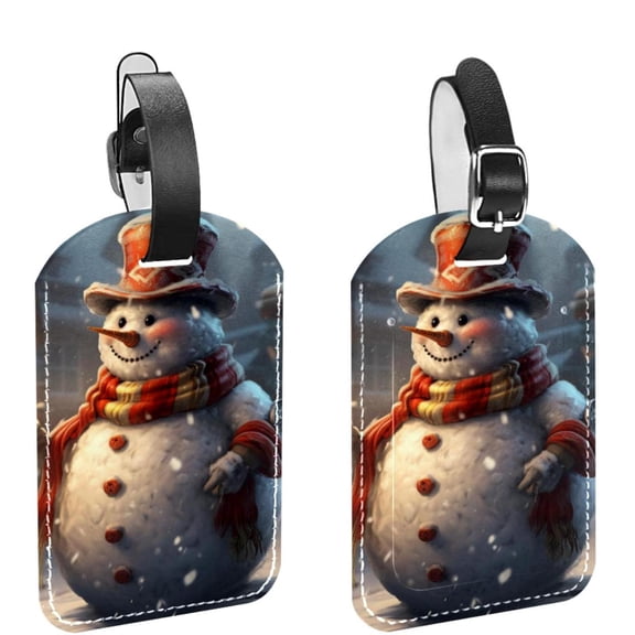 Square 2Pack PU Leather Christmas Snowman Cruise Luggage Tag with Privacy Cover and Name ID Tag for Travel Handbags Backpacks Luggage Tags