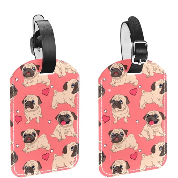 Square 2Pack PU Leather Clever Pink Pug Dog Pet Cruise Luggage Tag with Privacy Cover and Name ID Tag for Travel Handbags Backpacks Luggage Tags