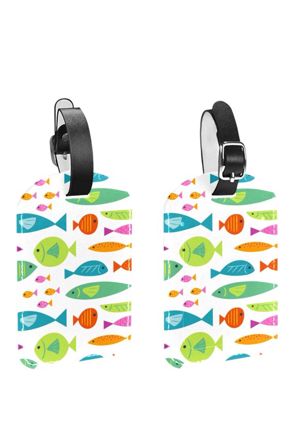 Square 2Pack PU Leather Colorful Fish Pattern Cruise Luggage Tag with Privacy Cover and Name ID Tag for Travel Handbags Backpacks Luggage Tags