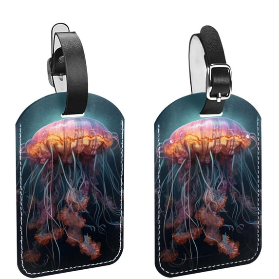 Square 2Pack PU Leather Colorful Jellyfish Cruise Luggage Tag with Privacy Cover and Name ID Tag for Travel Handbags Backpacks Luggage Tags