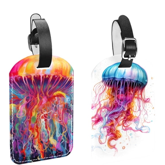 Square 2Pack PU Leather Colorful Jellyfish Cruise Luggage Tag with Privacy Cover and Name ID Tag for Travel Handbags Backpacks Luggage Tags