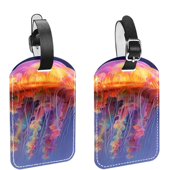 Square 2Pack PU Leather Colorful Jellyfish Cruise Luggage Tag with Privacy Cover and Name ID Tag for Travel Handbags Backpacks Luggage Tags