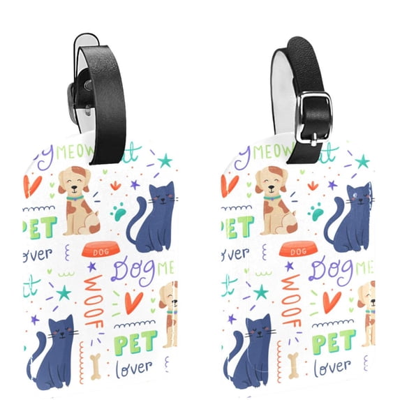 Square 2Pack PU Leather Colorful Pet Doodle Cruise Luggage Tag with Privacy Cover and Name ID Tag for Travel Handbags Backpacks Luggage Tags