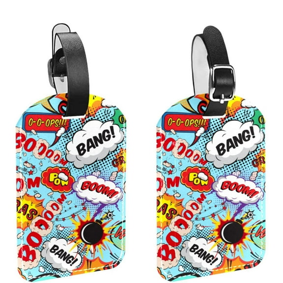 Square 2Pack PU Leather Comic Speech Bubbles Cruise Luggage Tag with Privacy Cover and Name ID Tag for Travel Handbags Backpacks Luggage Tags