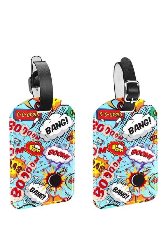Square 2Pack PU Leather Comic Speech Bubbles Cruise Luggage Tag with Privacy Cover and Name ID Tag for Travel Handbags Backpacks Luggage Tags